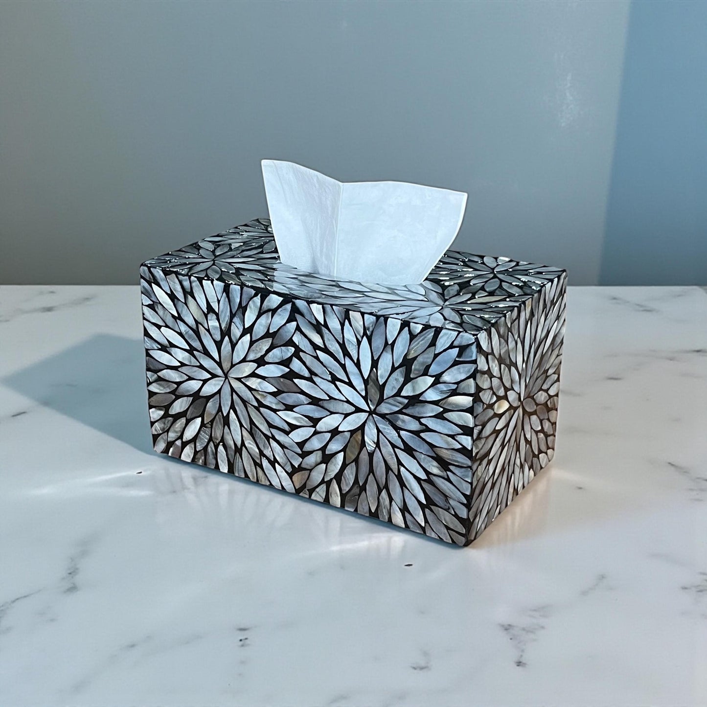 Rectangular Black Floral Mother of Pearl Tissue Box Cover