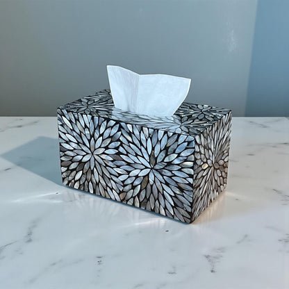 Rectangular Black Floral Mother of Pearl Tissue Box Cover
