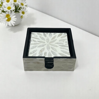 Square Capiz Shell Coaster Set with Holder – Handmade Ivory Drink Coasters