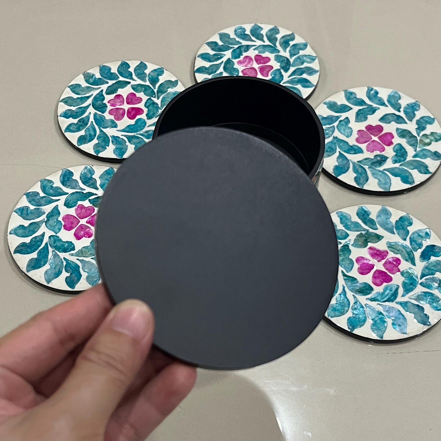 Capiz Shell Coasters Set: Blue Leaves, Pink Flowers, Round Coasters with Holder