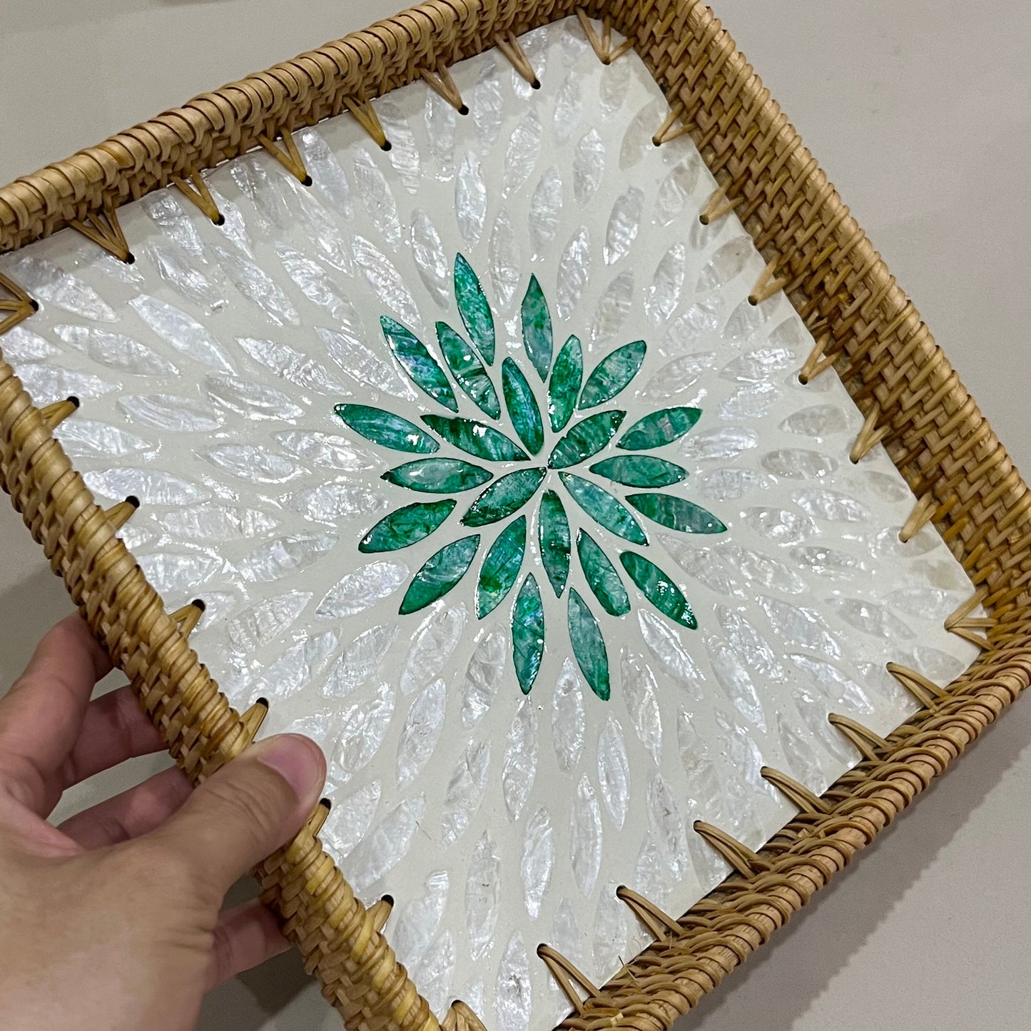 Handwoven Rattan Tray with Capiz Shell Inlay – Square Floral Decorative Serving Tray