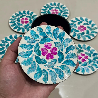 Capiz Shell Coasters Set: Blue Leaves, Pink Flowers, Round Coasters with Holder