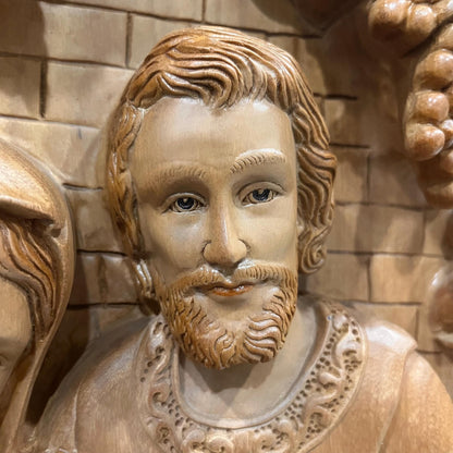 Hand-Carved Aromatic Wood Holy Family Statue: Catholic Wall Decor