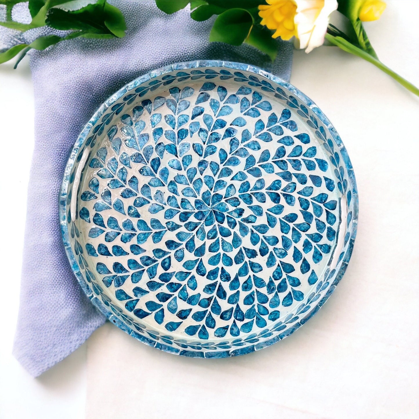 Capiz Serving Tray: Blue Floral Coffee Table Decor
