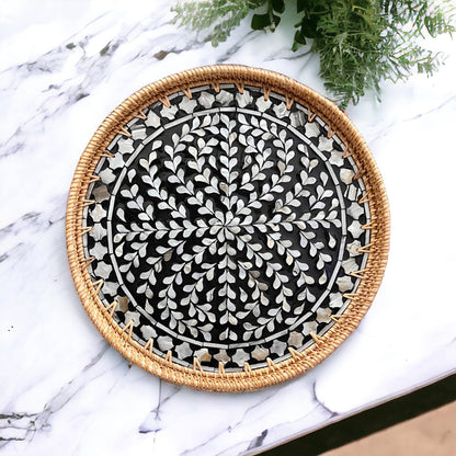 Black & White Mother of Pearl Rattan Tray