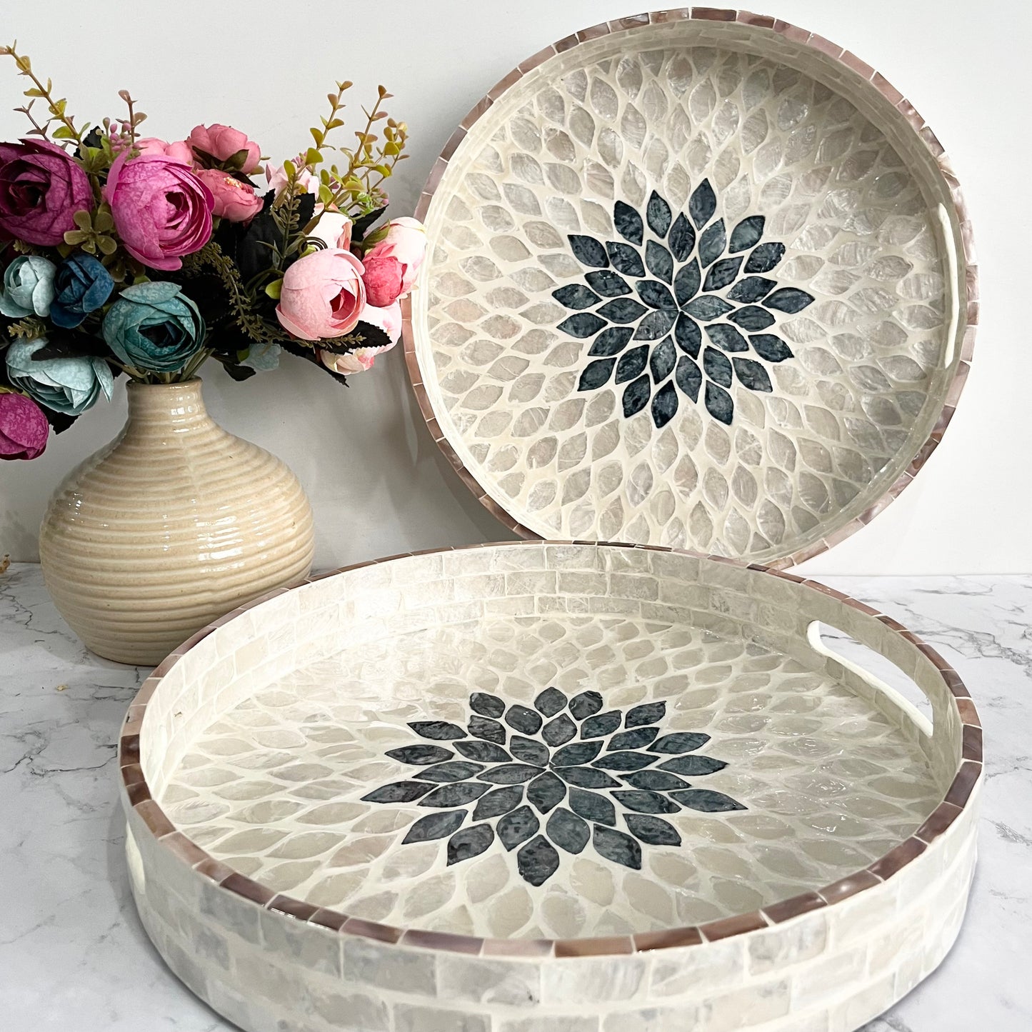 Round Mother of Pearl & Capiz Shell Floral Inlay Tray with Black Center
