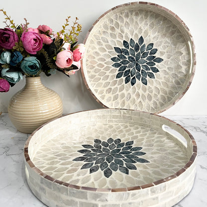 Round Mother of Pearl & Capiz Shell Floral Inlay Tray with Black Center