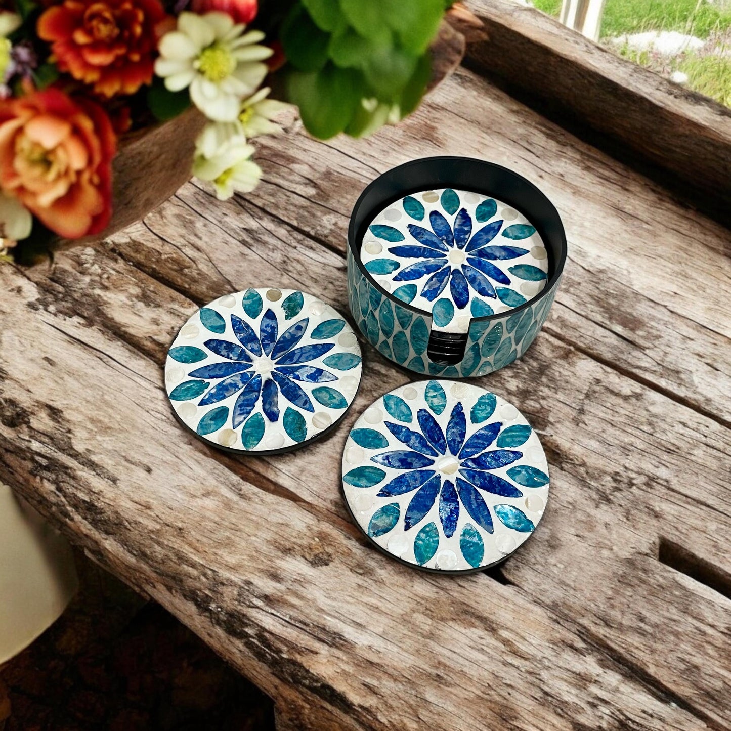 Blue Mother of Pearl Coaster Set with Holder – Handmade Shell Drink Coasters