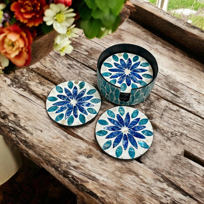 Blue Mother of Pearl Coaster Set with Holder – Handmade Shell Drink Coasters