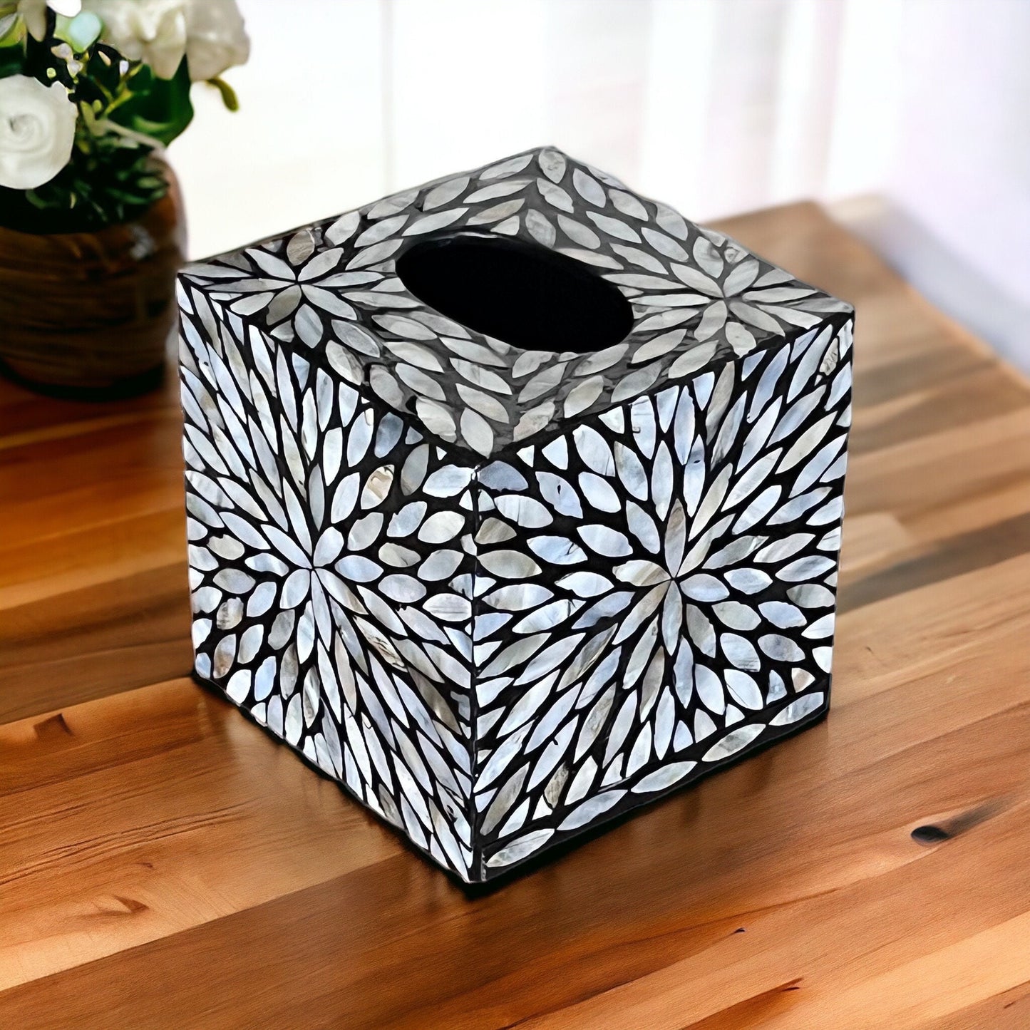 Black & White Floral Cube Mother of Pearl Tissue Box Cover