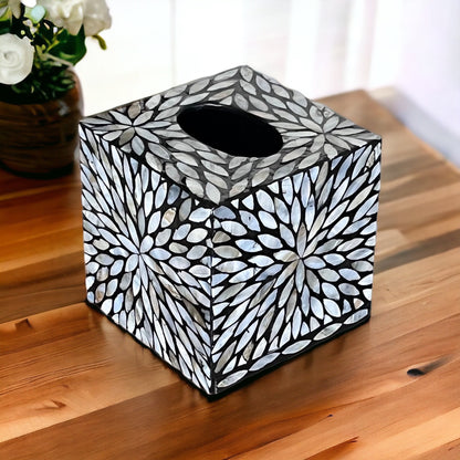 Black & White Floral Cube Mother of Pearl Tissue Box Cover