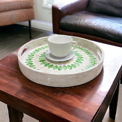 Round Green Leaf Mother of Pearl & Capiz Shell Inlay Tray