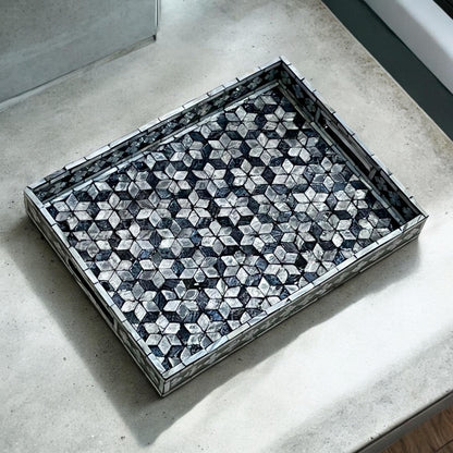 Rectangular Black & White Shell Inlay Tray with Snowflake Pattern
