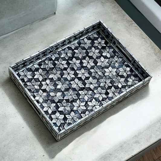 Rectangular Black & White Shell Inlay Tray with Snowflake Pattern