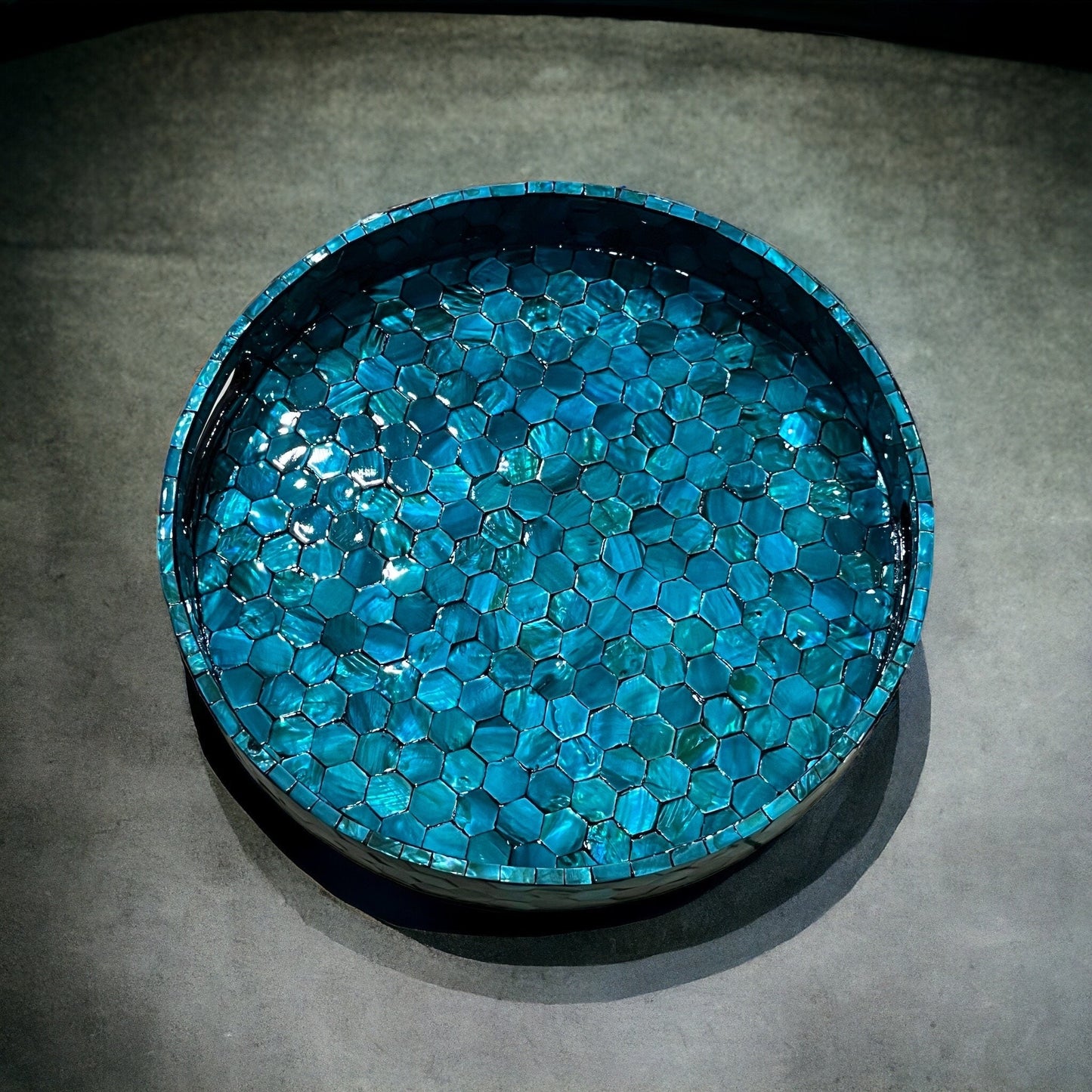 Teal Blue Mother of Pearl Hexagon Inlay Tray