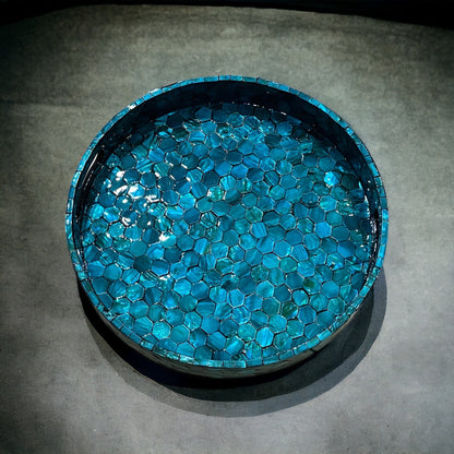 Teal Blue Mother of Pearl Hexagon Inlay Tray