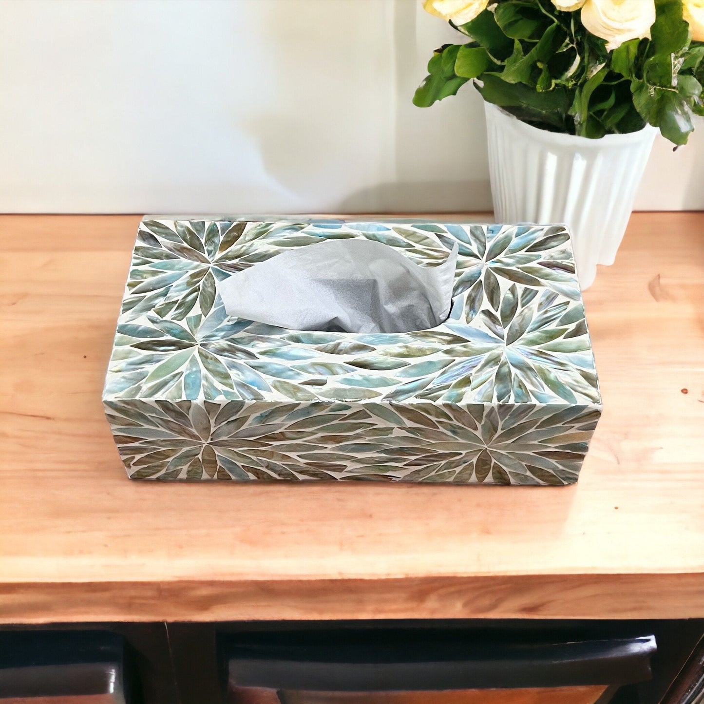 Rectangular Mother of Pearl Inlay Tissue Box: Aqua Flower Nacre Design