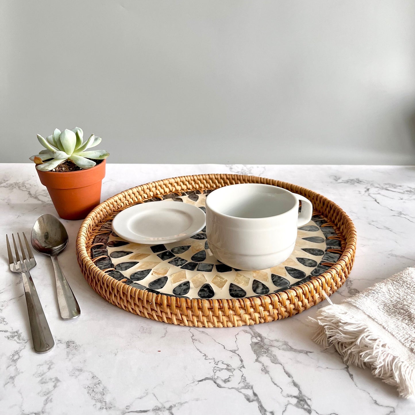 Round Rattan Tray with Black & Ivory Capiz Shell Inlay