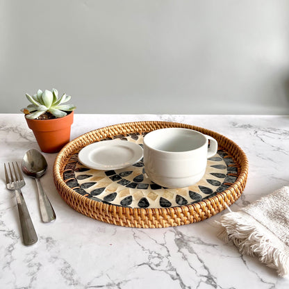 Round Rattan Tray with Black & Ivory Capiz Shell Inlay