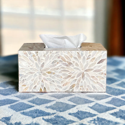 Rectangular Ivory Floral Mother of Pearl Tissue Box Cover