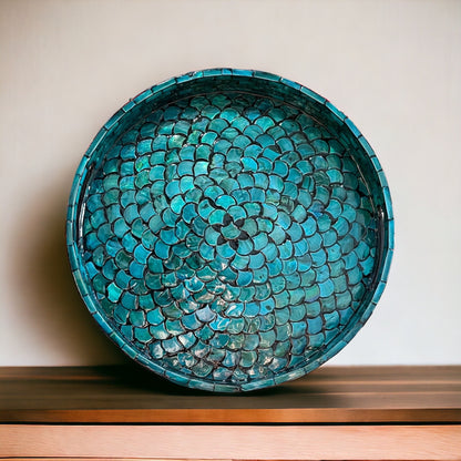 Round Turquoise Mother of Pearl Scallop Inlay Tray