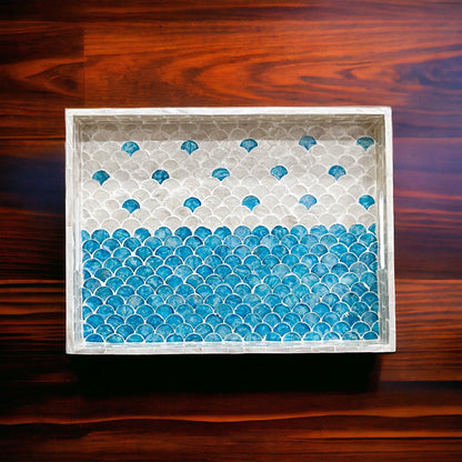 Rectangular Blue & White Mother of Pearl Scallop Inlay Tray