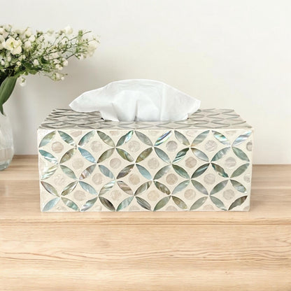 Rectangular Mother of Pearl & Capiz Tissue Box Cover – Ivory Geometric Floral Design
