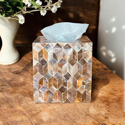 Mother of Pearl Inlay Tissue Box Cover: Brown Cube Mosaic
