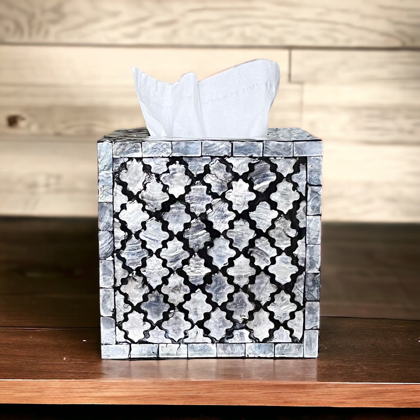 Black & Ivory Capiz Shell Tissue Box Cover – Square Moroccan Pattern MDF Holder