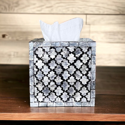 Black & Ivory Capiz Shell Tissue Box Cover – Square Moroccan Pattern MDF Holder