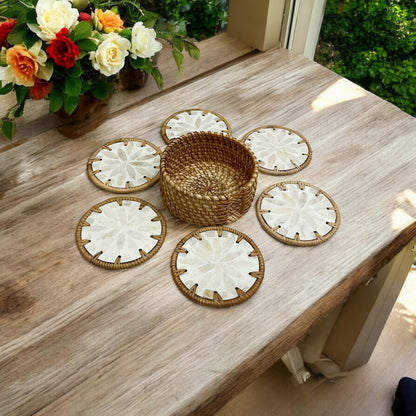 Ivory Floral Capiz Shell Coaster Set with Rattan Holder