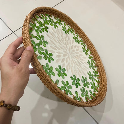 Green flower Hand-woven Rattan & Capiz Shell Serving Tray