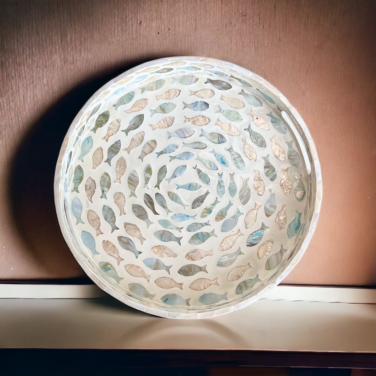 Mother of Pearl Fish Inlay Round Tray – Handmade Decorative Serving Tray