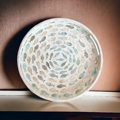Mother of Pearl Fish Inlay Round Tray – Handmade Decorative Serving Tray