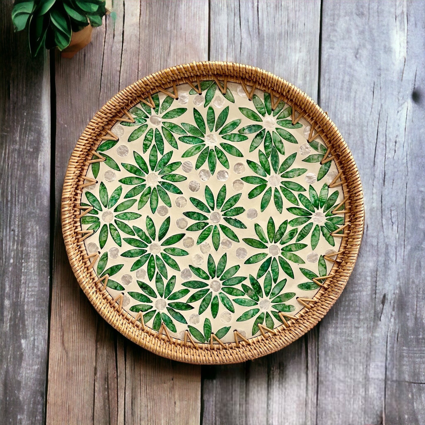 Round Rattan Tray with Green Floral Capiz Shell Inlay