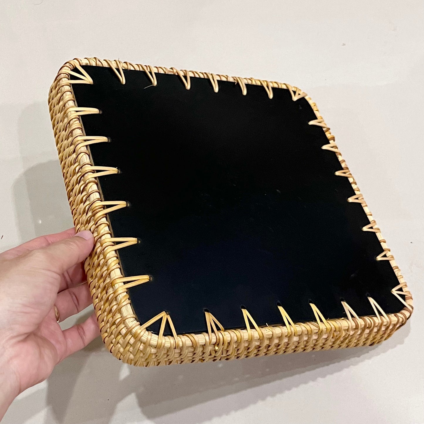 Handwoven Rattan Tray with Capiz Shell Inlay – Square Floral Decorative Serving Tray
