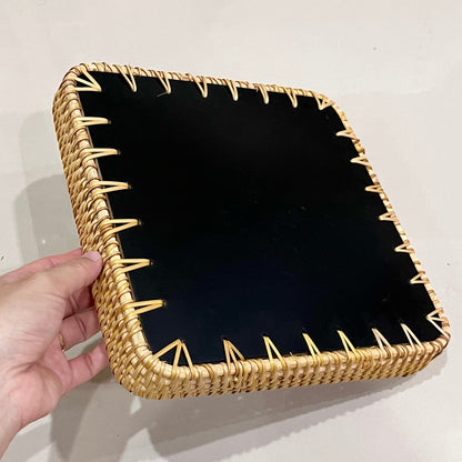 Handwoven Rattan Tray with Capiz Shell Inlay – Square Floral Decorative Serving Tray