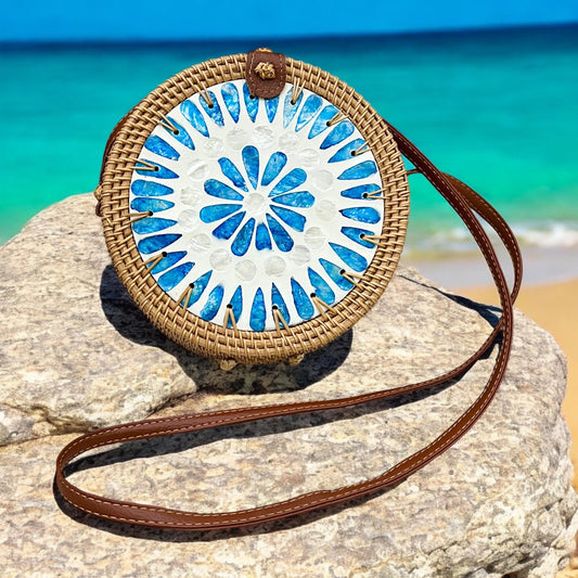 Lovely Blue Round Rattan Crossbody Bag