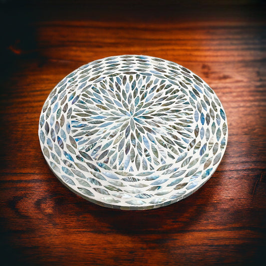 Blue Mother of Pearl Lazy Susan Turntable, Handcrafted Leaf Swirl Inlay Rotating Tray