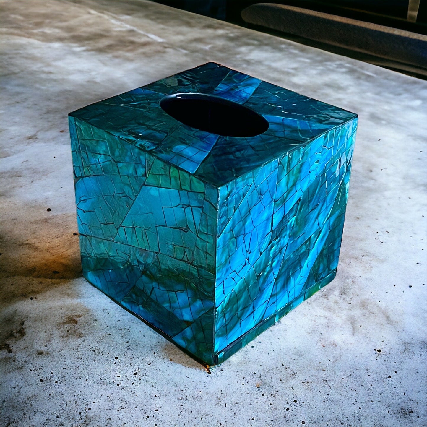 Blue Teal Square Mother of Pearl Tissue Box Cover