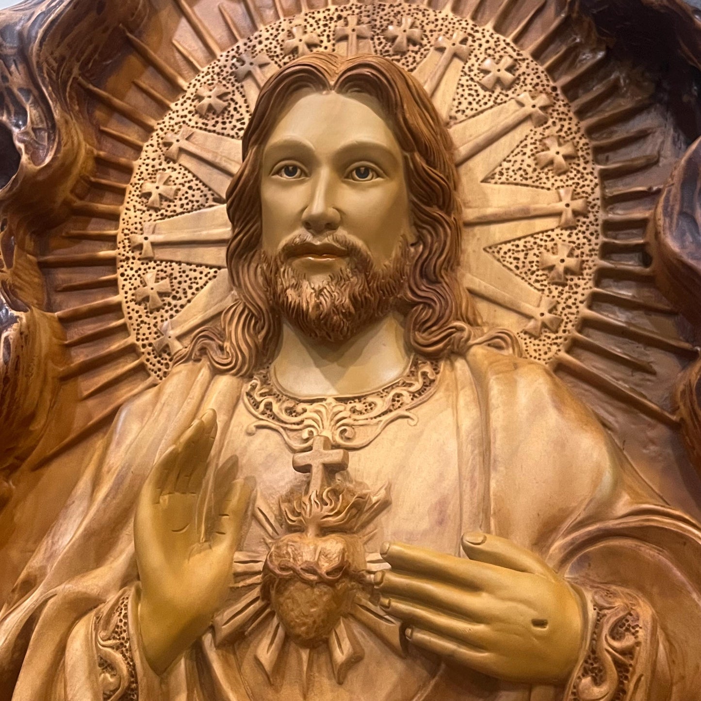Hand-Carved Sacred Heart of Jesus Wood Carving: Aromatic Catholic Wall Art