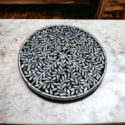 Mother of Pearl Lazy Susan Turntable, Black Leaf Inlay Rotating Tray