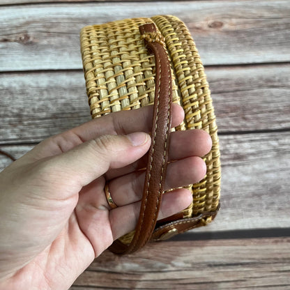 Summer Red Flower Round Rattan Crossbody Bag