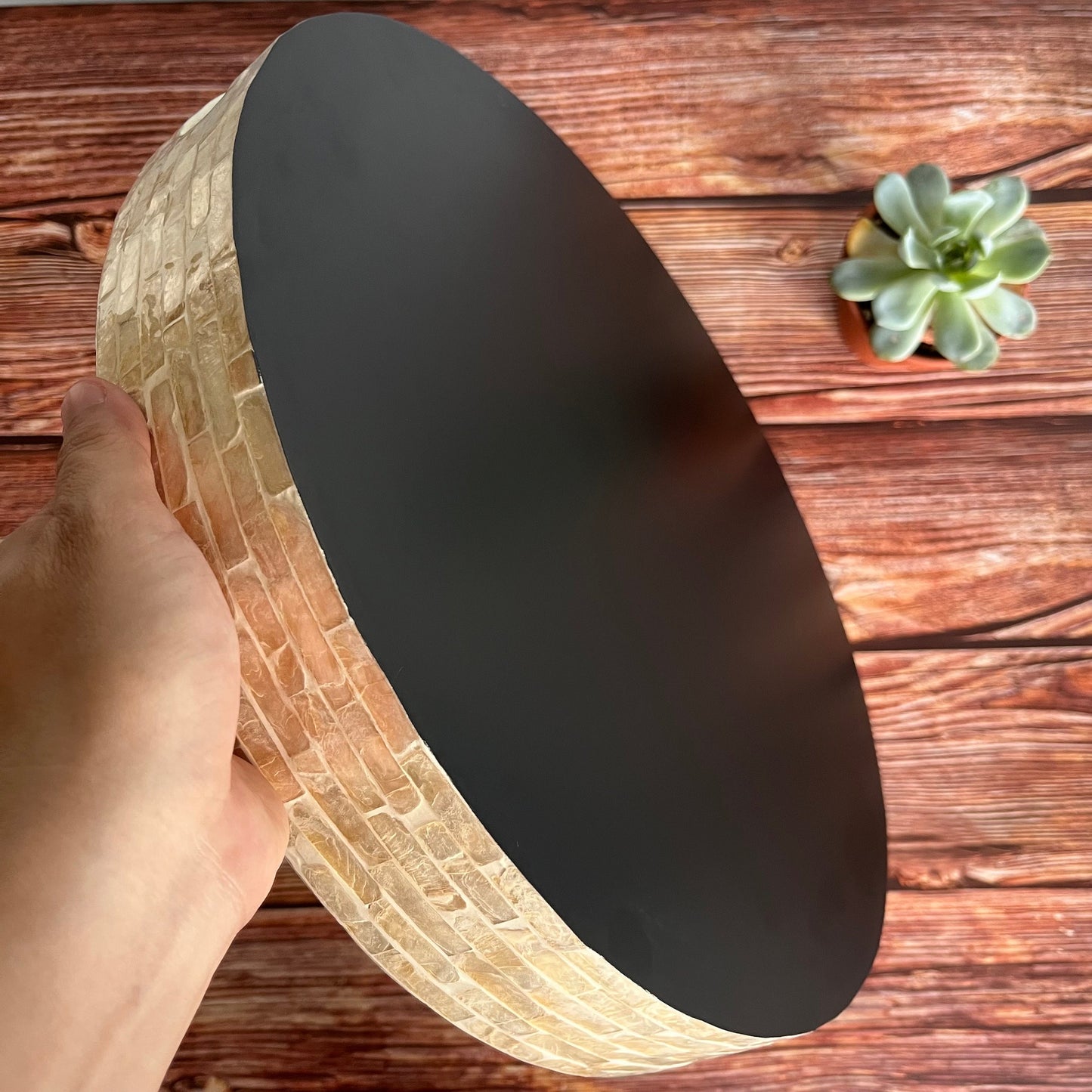 Round Capiz Shell Peacock Feather Inlay Tray