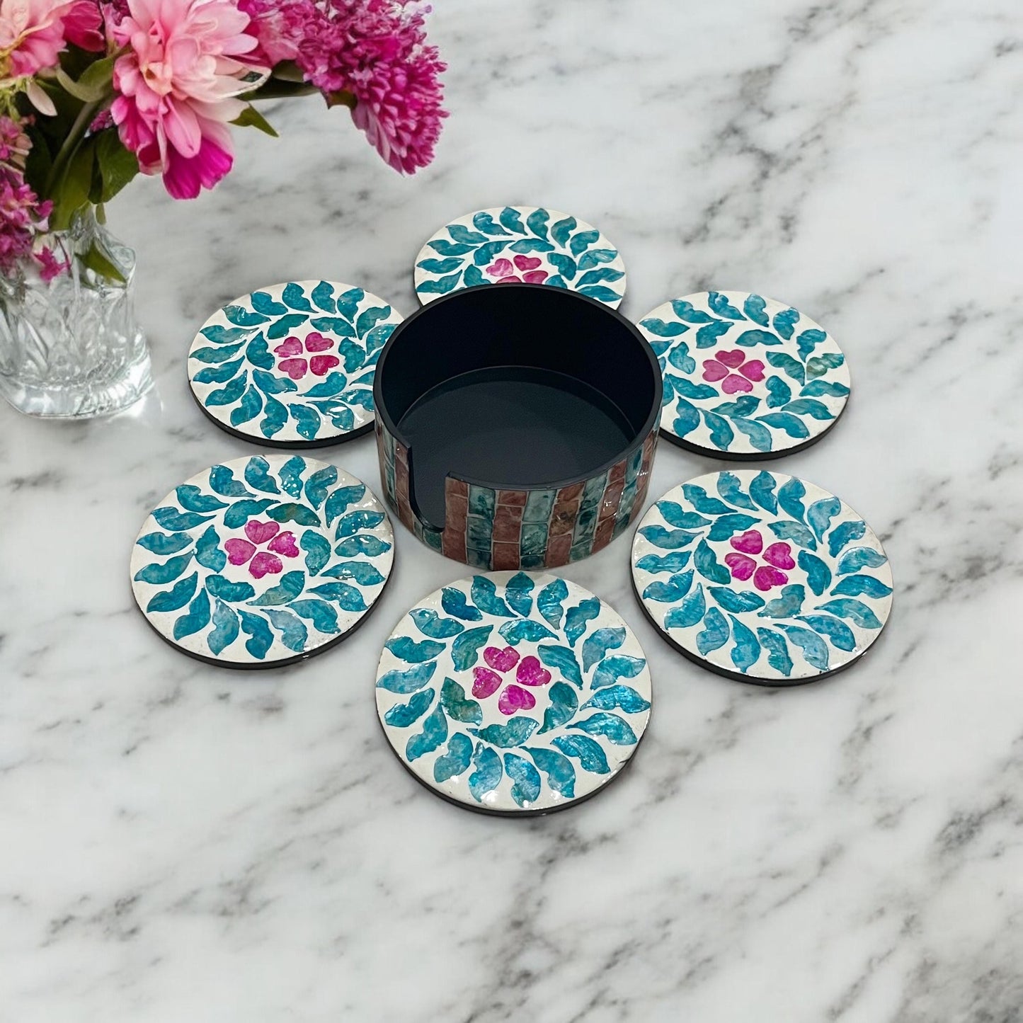 Capiz Shell Coasters Set: Blue Leaves, Pink Flowers, Round Coasters with Holder