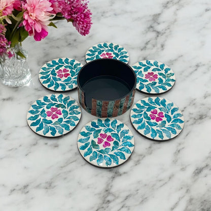 Capiz Shell Coasters Set: Blue Leaves, Pink Flowers, Round Coasters with Holder