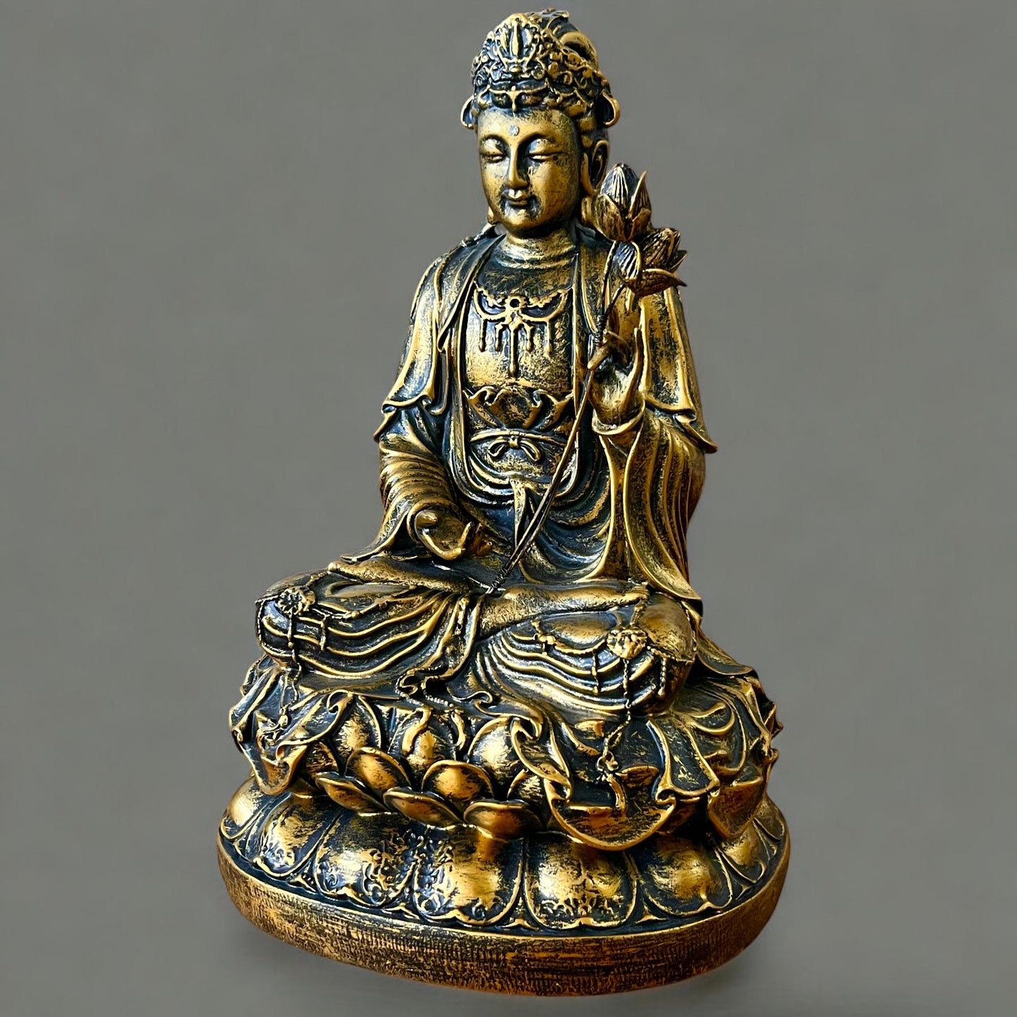 Guan Yin Statue: Artificial Stone Bodhisattva Holding Lotus Flower