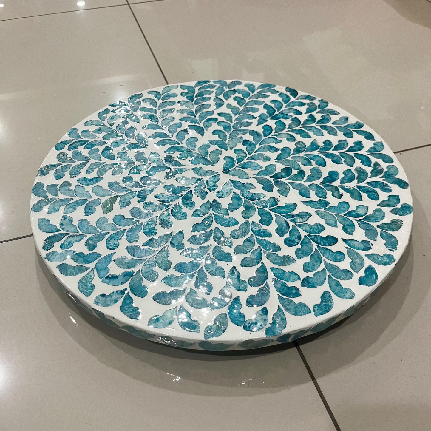Handcrafted Capiz Shell Lazy Susan: Blue Leaf Rotating Tray