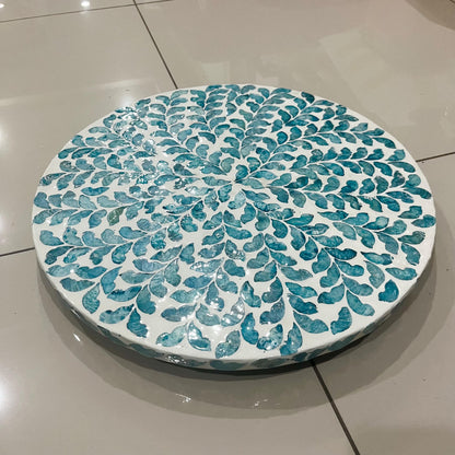 Handcrafted Capiz Shell Lazy Susan: Blue Leaf Rotating Tray
