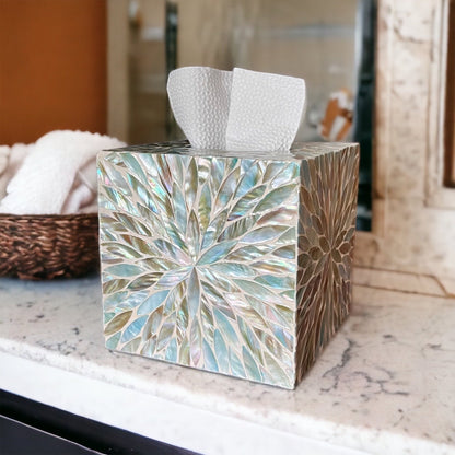 Blue Ivory Mother of Pearl Tissue Box Cover – Square Floral Burst Design with Sliding Bottom